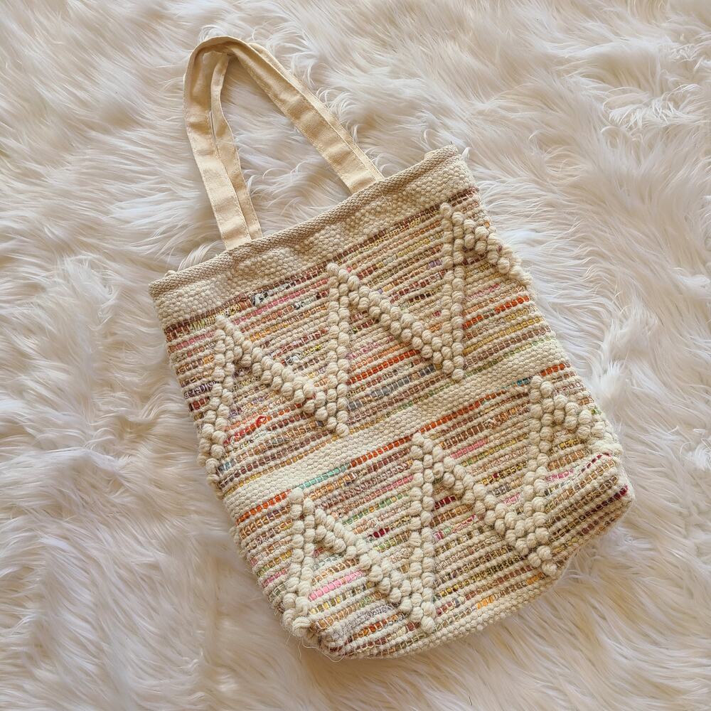 Woven Tote Bag Purse Boho Beachy Cottagecore Cream Rainbow Chevron Textured - Picture 2 of 4